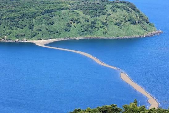 緑の岬から海へ弧を描くように延びる、細い砂州