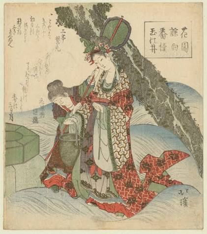 松の木の下、波打ち際に立つ着物姿の女性を描いた浮世絵